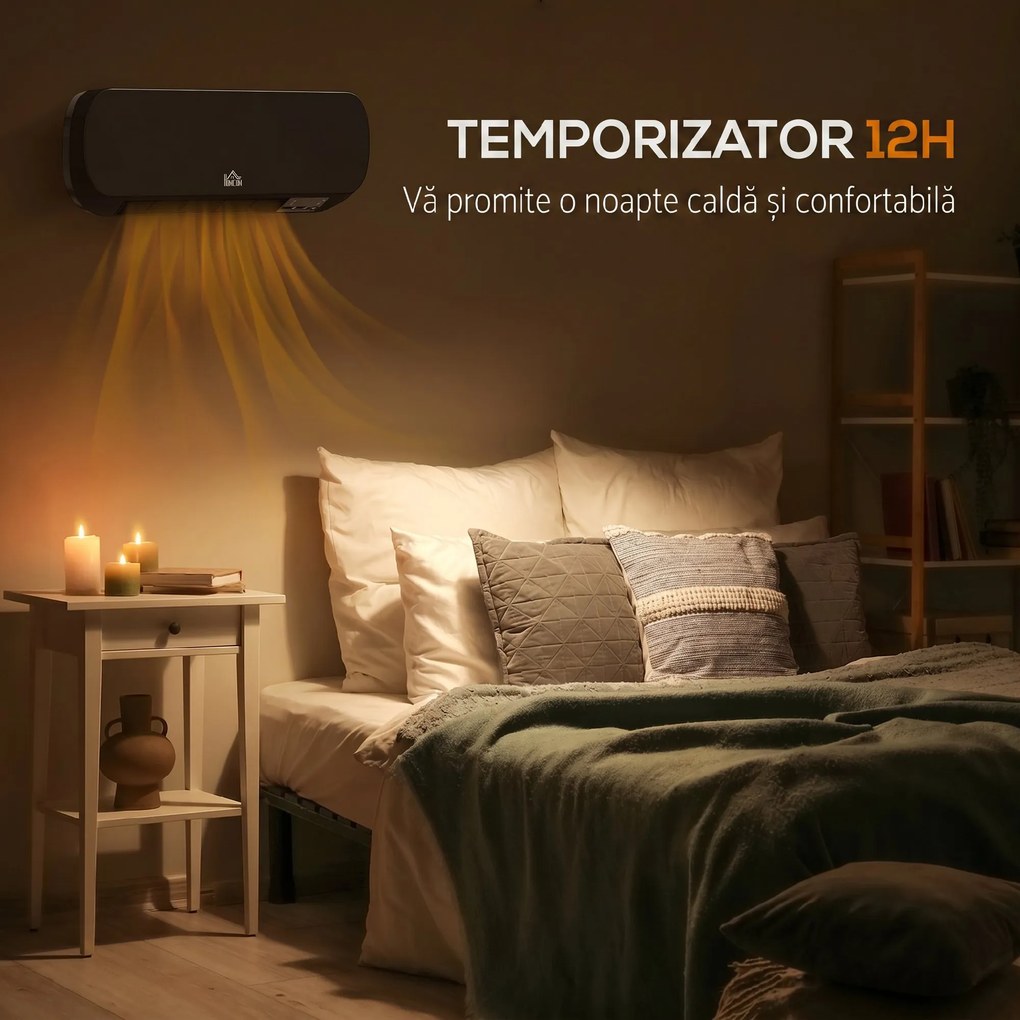 HOMCOM Aerotermă Electrică de Perete cu Telecomandă și Timer 12h, Negru | Aosom Romania