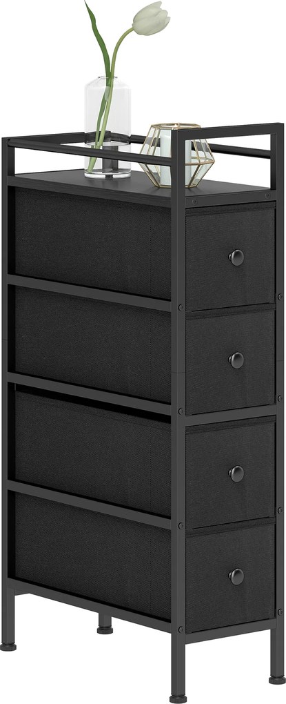 HOMCOM Comodă dulap cu 4 sertare din material textil, dulap de depozitare cu cadru din oțel, 20cm x 43cm x 81,5cm, Negru | Aosom Romania