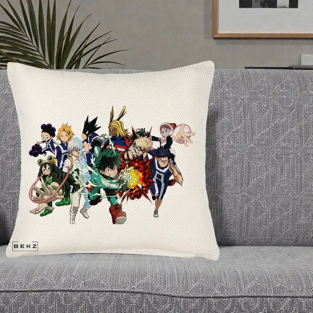 Perna Personalizata My Hero Academia Clasa 1-A Complet, 40x40 cm, Crem Reliefat, Husa Detasabila, Perna Inclusa, BEKZ®