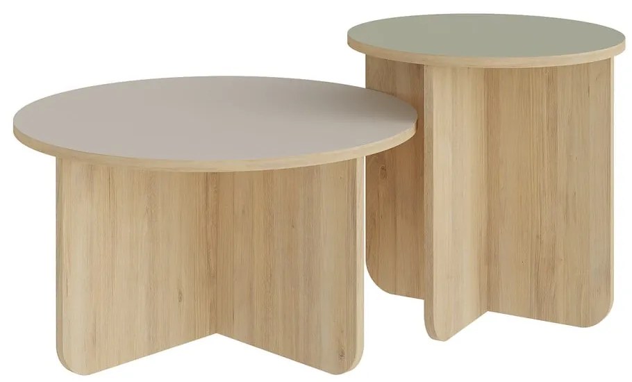 Măsuțe de cafea crem/în culoare naturală 2 buc. rotunde cu aspect de lemn de stejar ø 70 cm Hillary – Marckeric
