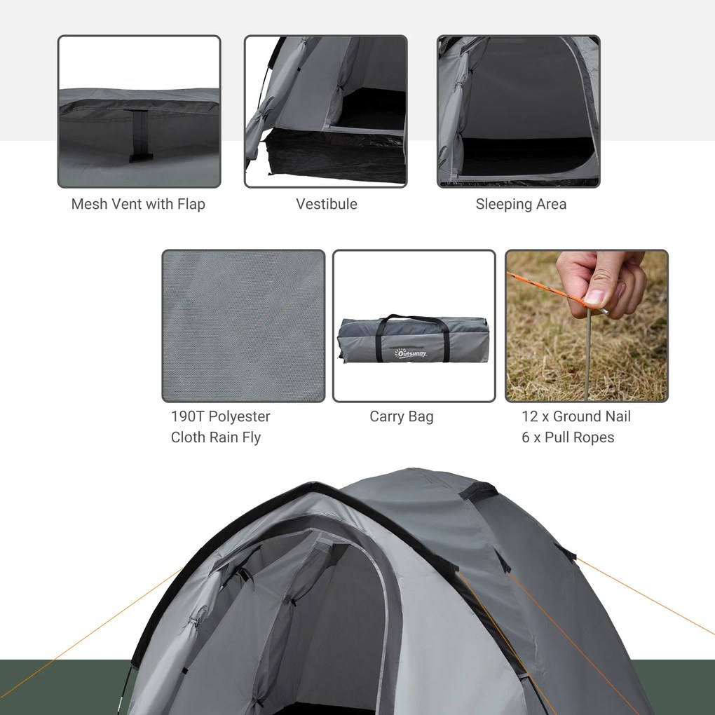 Outsunny Cort Camping Impermeabil 4 Locuri Impermeabil cu Vestibul, Ferestre si Usi cu fermoar, 325x183x130cm Gri | Aosom Romania