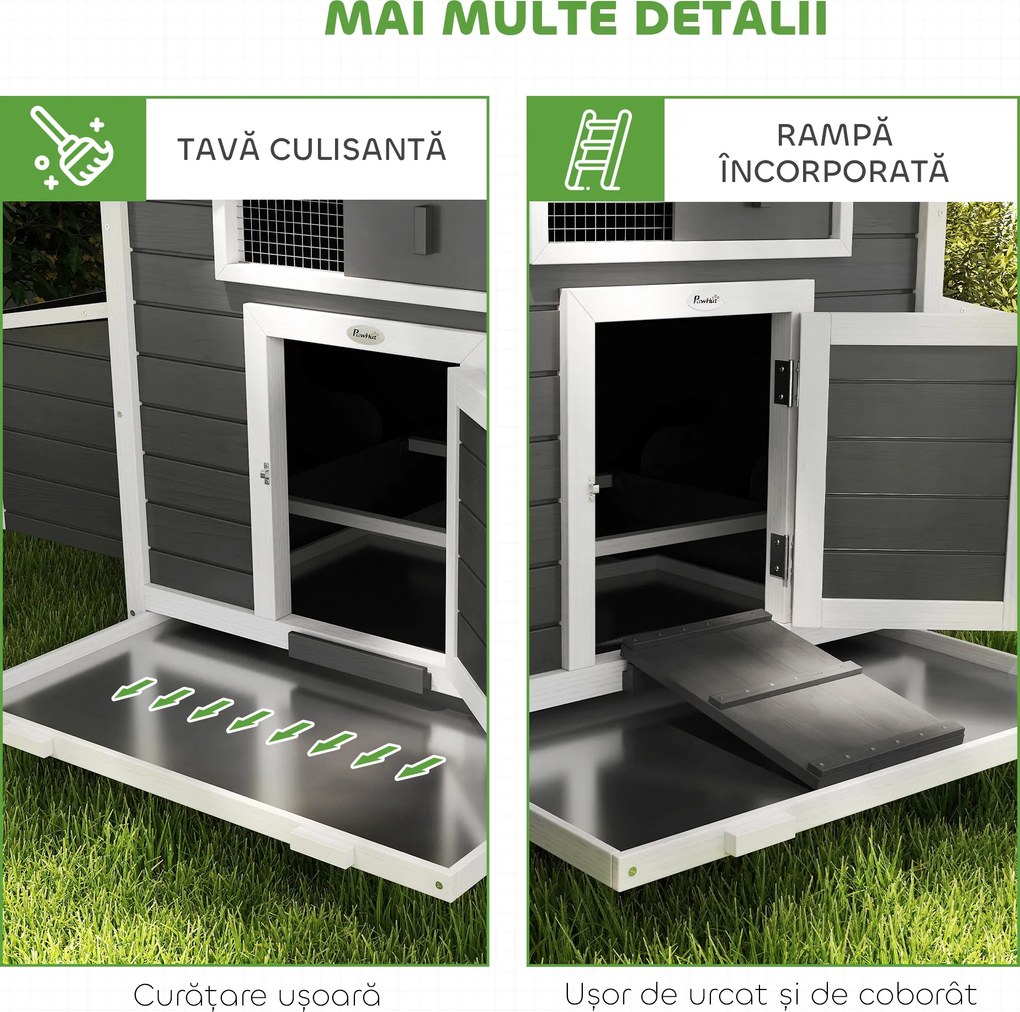 PawHut Coteț din Lemn pentru Exterior cu 2 Cuiburi de Ouă, Adăpost pentru Găini cu Tavă Detașabilă și Acoperiș din Asfalt, pentru 2-4 Găini, Gri | Aosom Romania