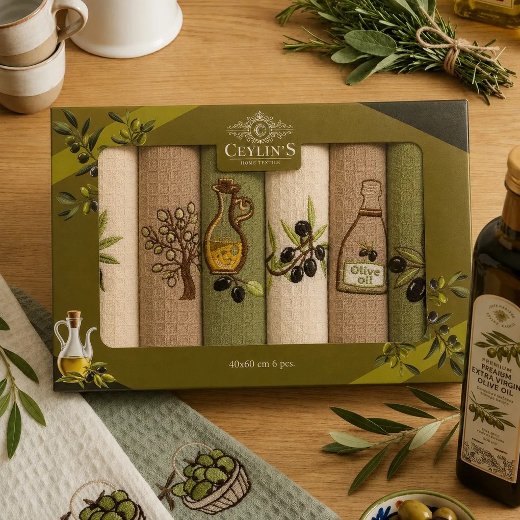 Set 6 prosoape bucatarie din bumbac, 40x60 cm, model Olive