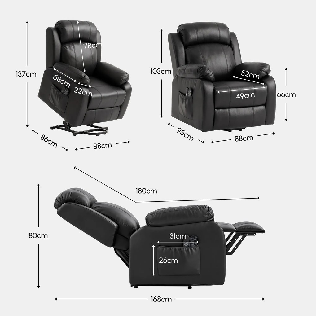 Fotoliu rabatabil HOMCOM cu funcții de masaj și încălzire, cu sistem electric de ridicare, tetieră reglabilă și port USB, din piele ecologică (PU), negru | Aosom Romania