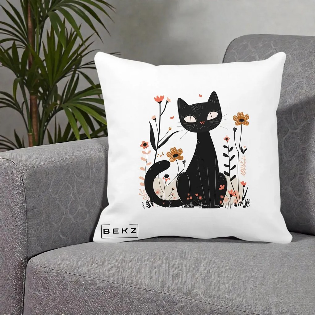Perna Decorativa Pisica Neagra Flori Pastel Folk, 40x40 cm, Alba Mata, Husa Detasabila, Perna Inclusa, BEKZ®
