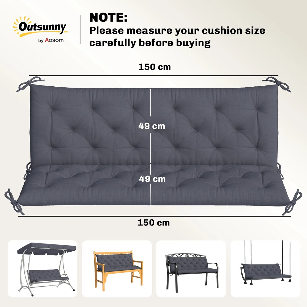 Outsunny Pernă de Grădină în Stil Modern Capitonat pentru Locuri de Ședere în Exterior cu 6 Curele, Pernă din Bumbac și Poliester, pentru Canapele și Balansoare, 150x98x8 cm, Gri Închis | Aosom Romania