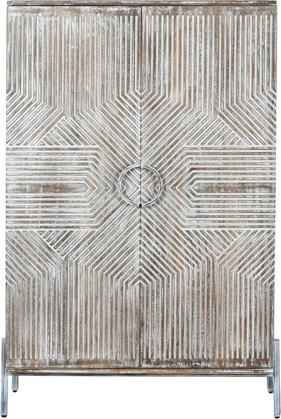 Dulap vintage din lemn de mango, alb, cu 2 uși, 2 rafturi și relief geometric, pe picioare, finisaj patinat, 134 x 85 x 38 cm, „Fougères”