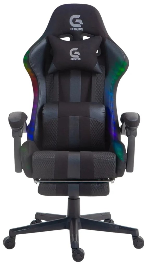 Scaun gaming, sistem iluminare bandă LED RGB, masaj în perna lombară, suport picioare, material textil+mesh, Negru