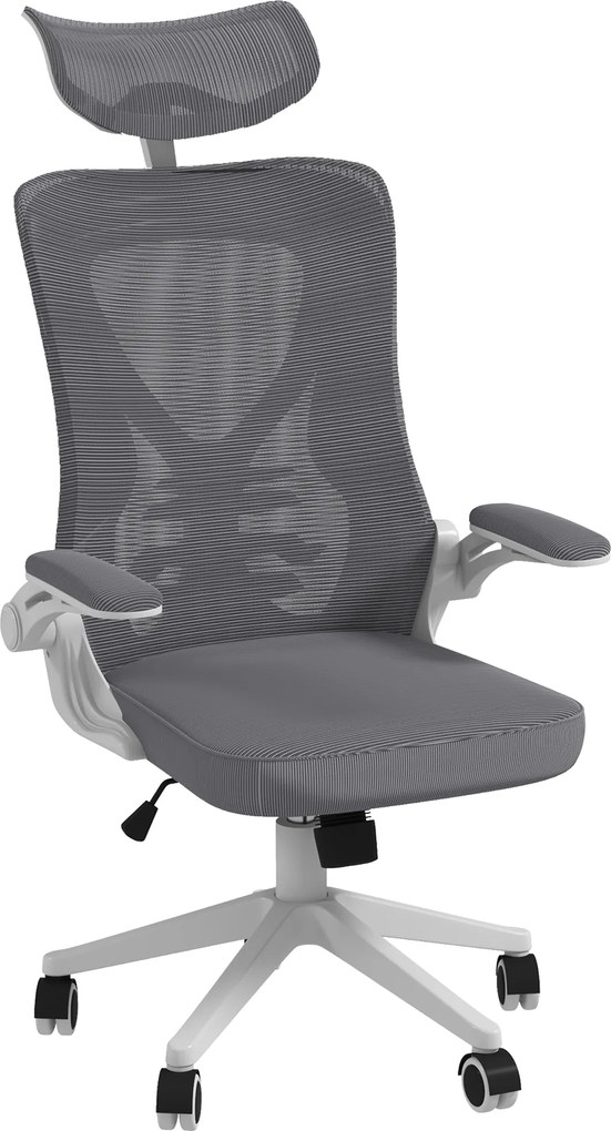 Vinsetto Scaun Ergonomic de Birou Reglabil cu Tetiera Suport Lombar Cotiere Rabatabile Gri/Negru 65x64x120-130cm | Aosom Romania