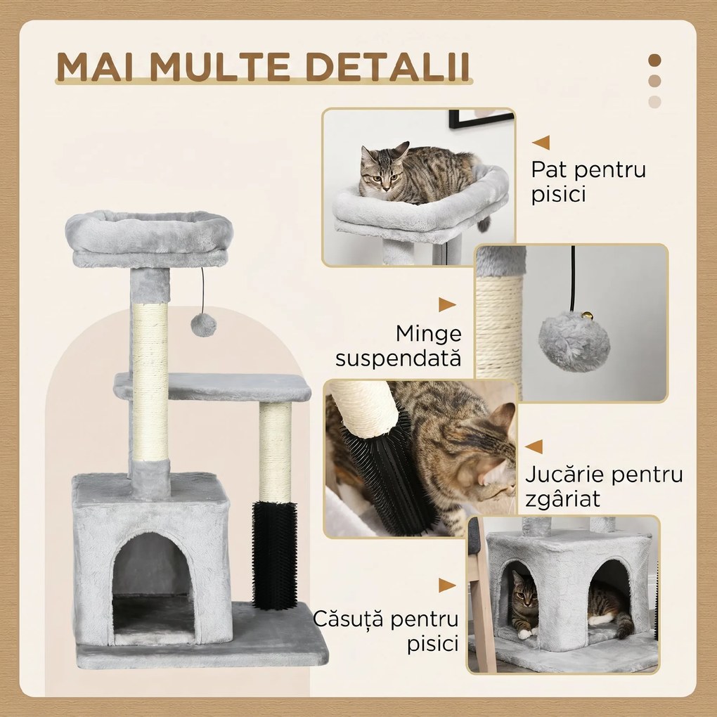 PawHut Copac de Zgâriat Multinivel pentru Pisici cu Stâlp din Sisal, Pat și Căsuță, Plus Moale, Gri | Aosom Romania