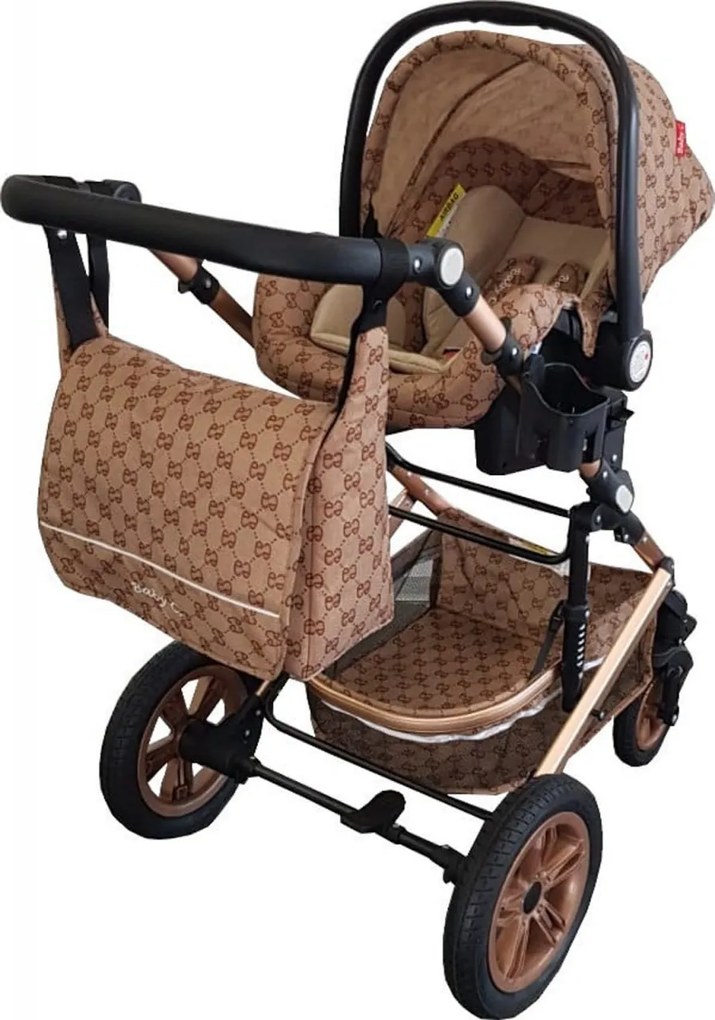 Carucior nou nascuti 3 in 1 Baby Care™ PRO 530 , Cu geanta bebe, Cadru Aluminiu Gold, Amortizoare, Roti din cauciuc plin AVE, Landou, Scoica auto,