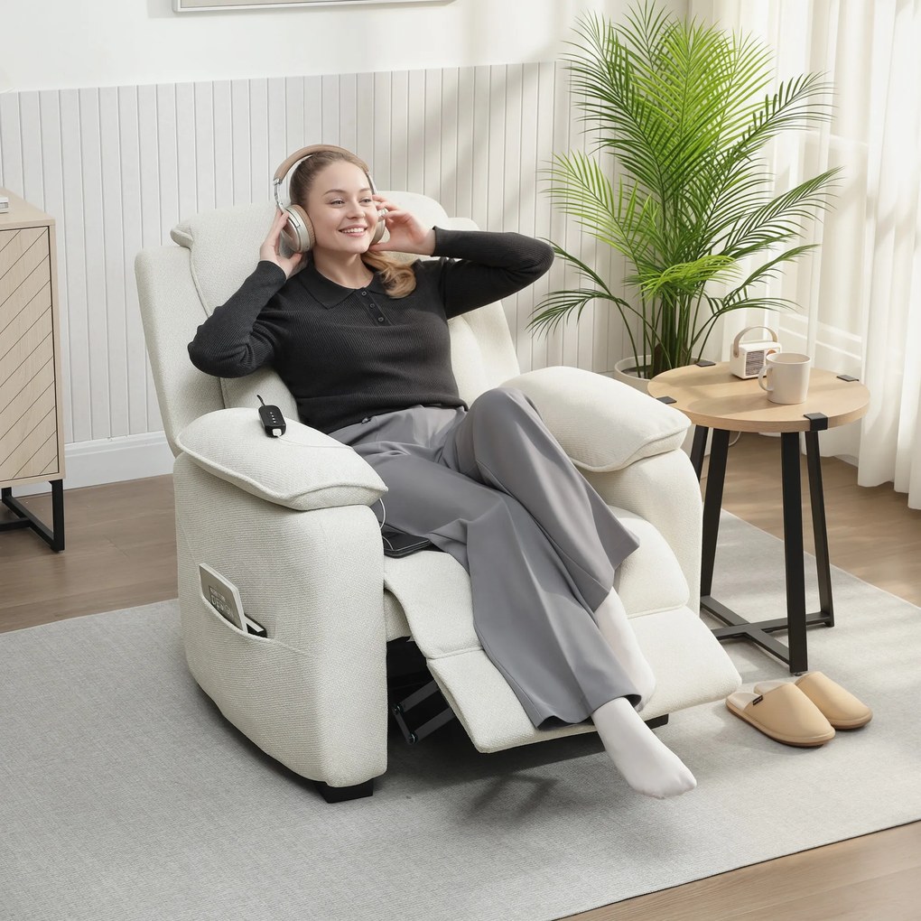 HOMCOM Fotoliu relax electric fotoliu recliner port USB suport picioare buzunare laterale telecomandă 86x90x103cm crem | Aosom Romania