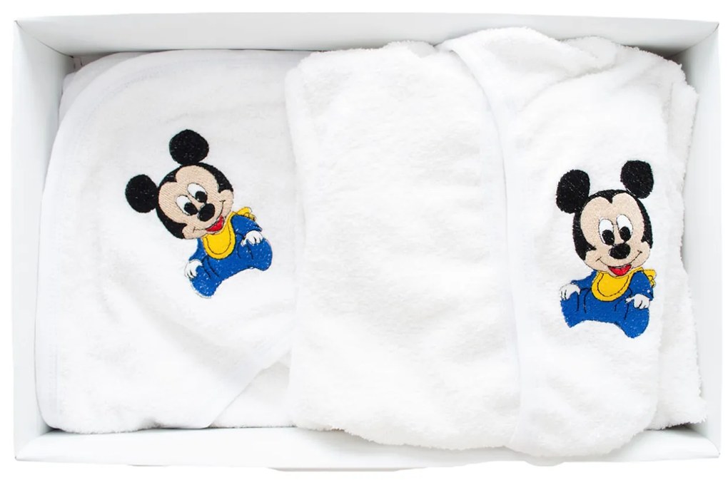 Set de baie pentru bebelusi, cu 3 piese, brodat cu Mickey Mouse, Alb- SDB-08
