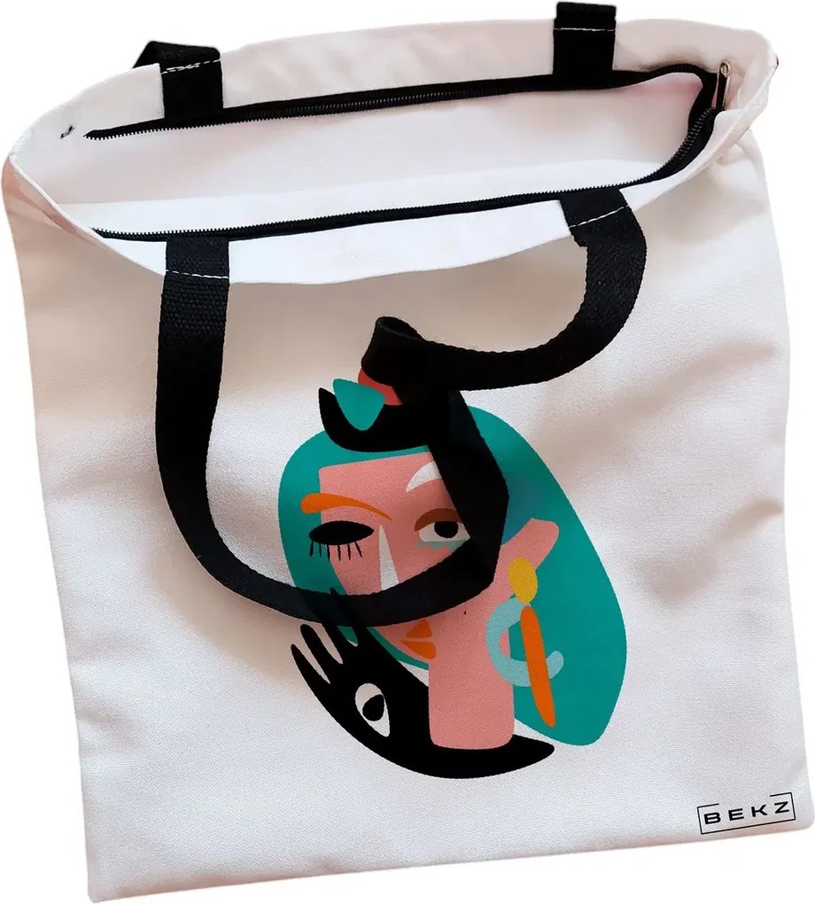 Sacosa de Panza pentru Cumparaturi, Geanta Tote, model Abstract face, Cu fermoar, 38x34.5 cm, Alba, BEKZ®