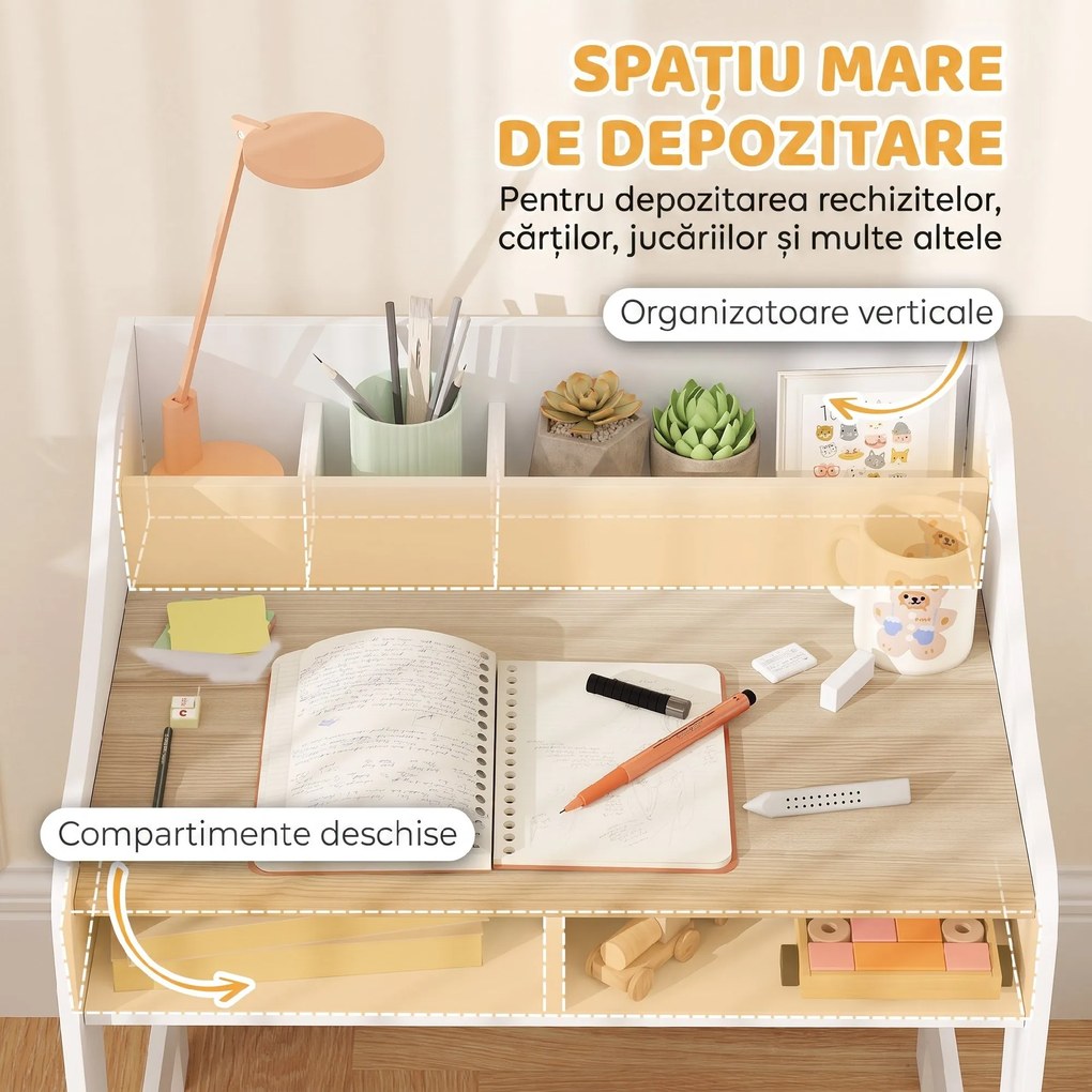 AIYAPLAY Set birou și scaun pentru copii 3-8 ani cu 3 compartimente deschise, margini rotunjite, din lemn, culoare lemn | Aosom Romania