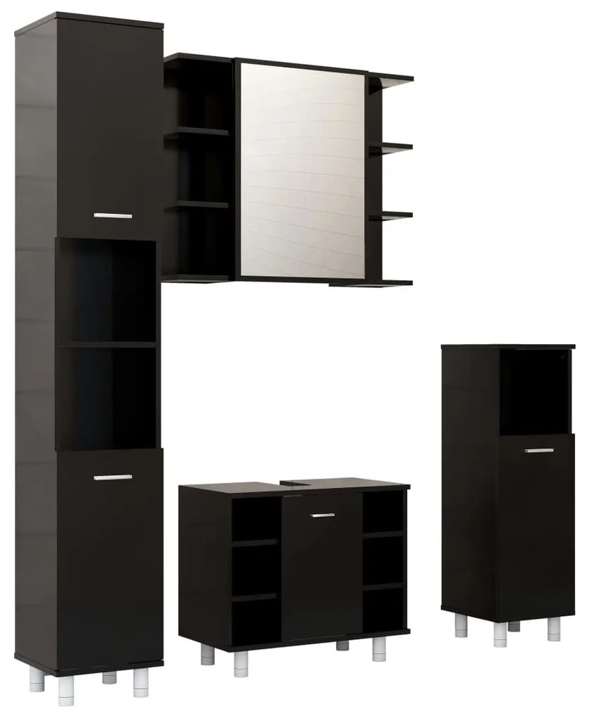 3056899 vidaXL Set mobilier de baie, 4 piese, negru, lemn prelucrat