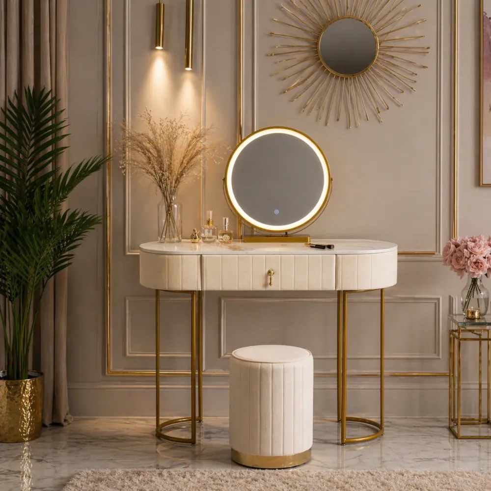 Set ASHLEY, Masă de toaletă pentru machiaj cu oglindă iluminată LED, control touch, sertar, taburet, 100x40x76 cm, Bej/Auriu