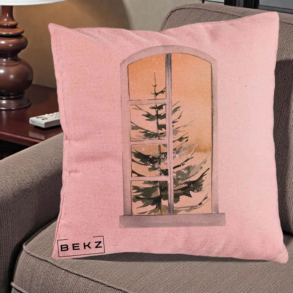 Perna Decorativa Fereastra cu Brad de Iarna, 40x40 cm, Roz, Husa Detasabila, Perna Inclusa, BEKZ®