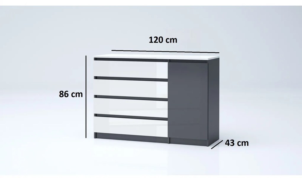 Comoda cu 1 usa si 4 sertare, pal alb lucios  gri antracit lucios, 120x86x43 cm, Bortis Impex