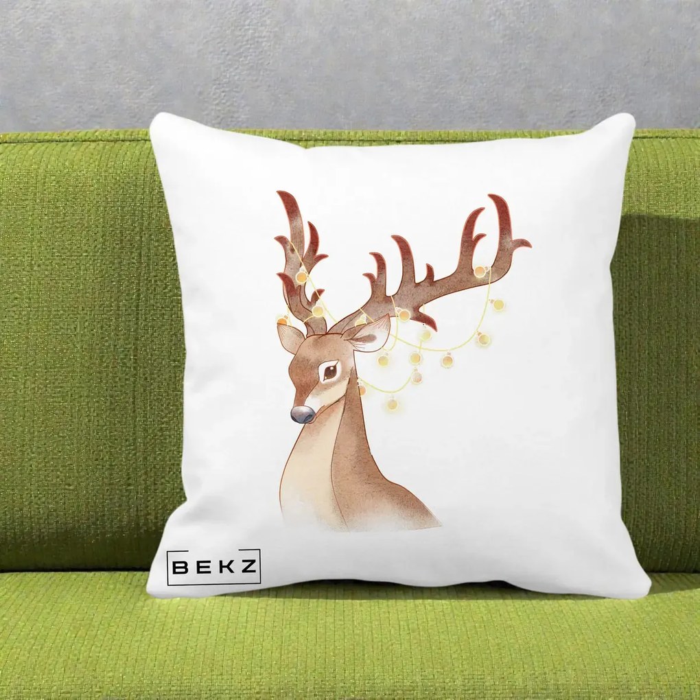 Perna Decorativa Ren cu Luminite de Craciun, 40x40 cm, Alba Mata, Husa Detasabila, Perna Inclusa, BEKZ®