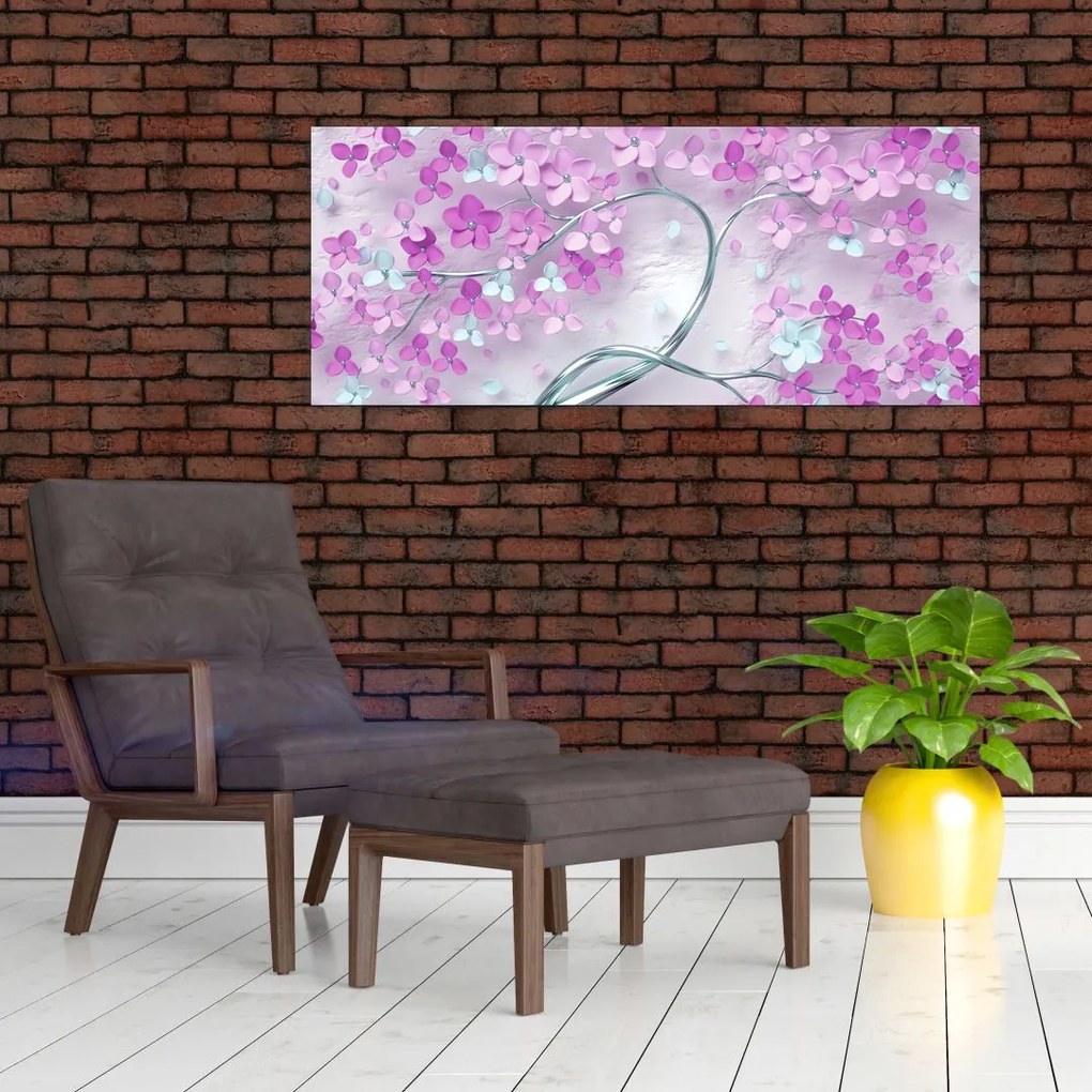 Tablouri cu flori pe trunchi argintiu - abstract (120x50 cm)