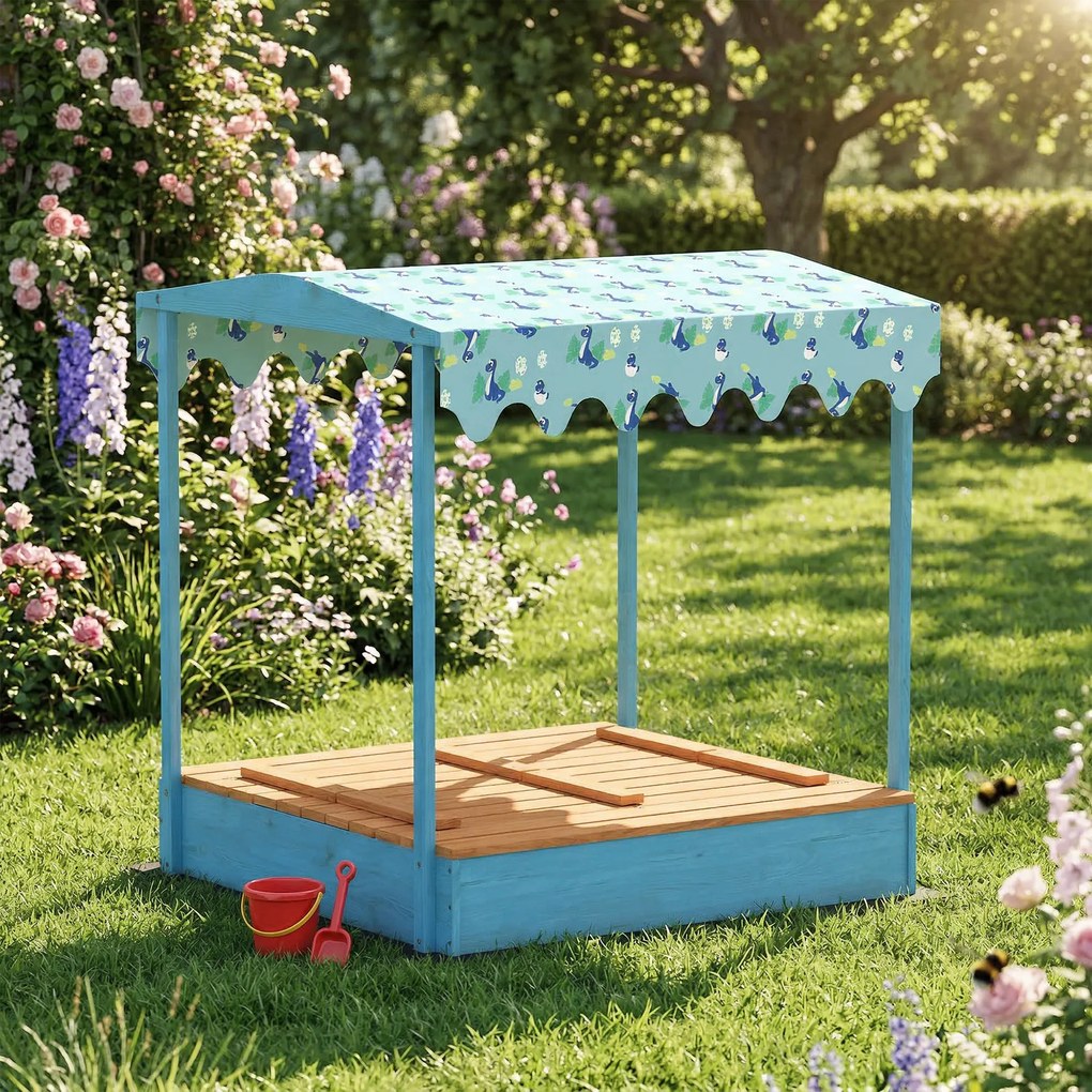 AIYAPLAY Lădiță cu Nisip pentru Copii 3-6 Ani cu Acoperiș Dinosauri, Bănci Pliabile, Capac și Husă Incluse, Lădiță de Nisip din Lemn de Brad, 134,5x127,5x130 cm, Albastru | Aosom Romania