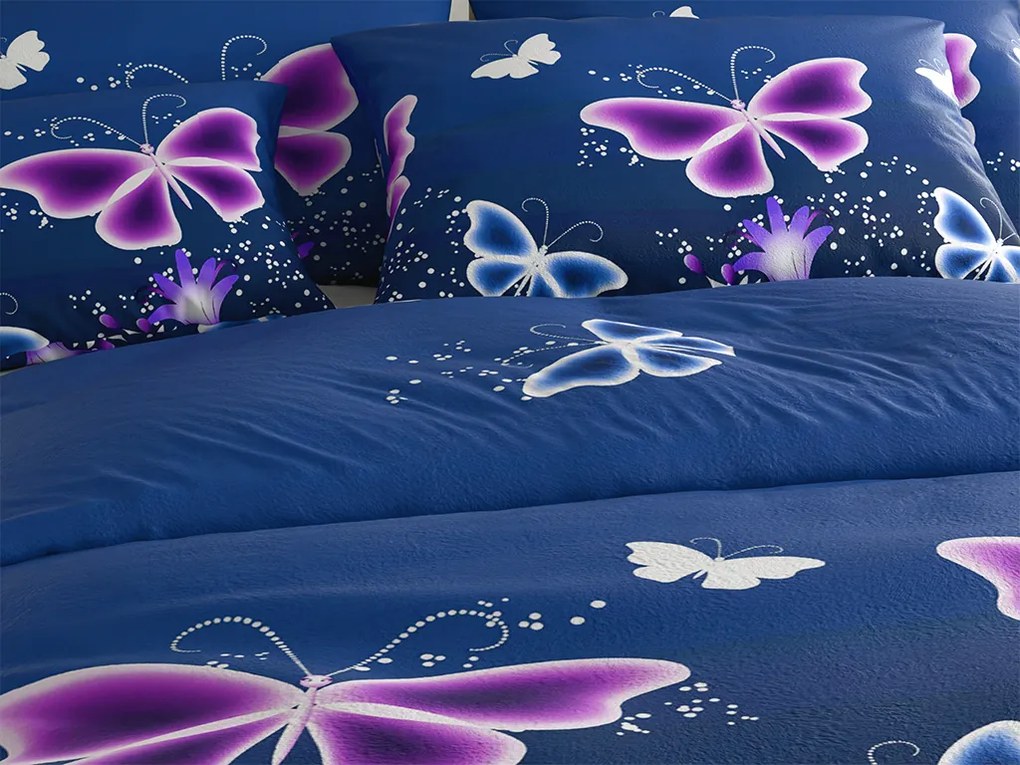 Set 2 buc Lenjerie cocolino VIOLET BUTTERFLY albastru inchis + Cearsaf Cocolino microplus cu elastic SOFT 180x200 cm alb, pat dublu