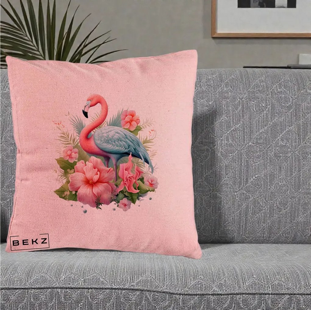 Perna Decorativa Flamingo cu Hibiscus Tropical, 40x40 cm, Roz, Husa Detasabila, Perna Inclusa, BEKZ®