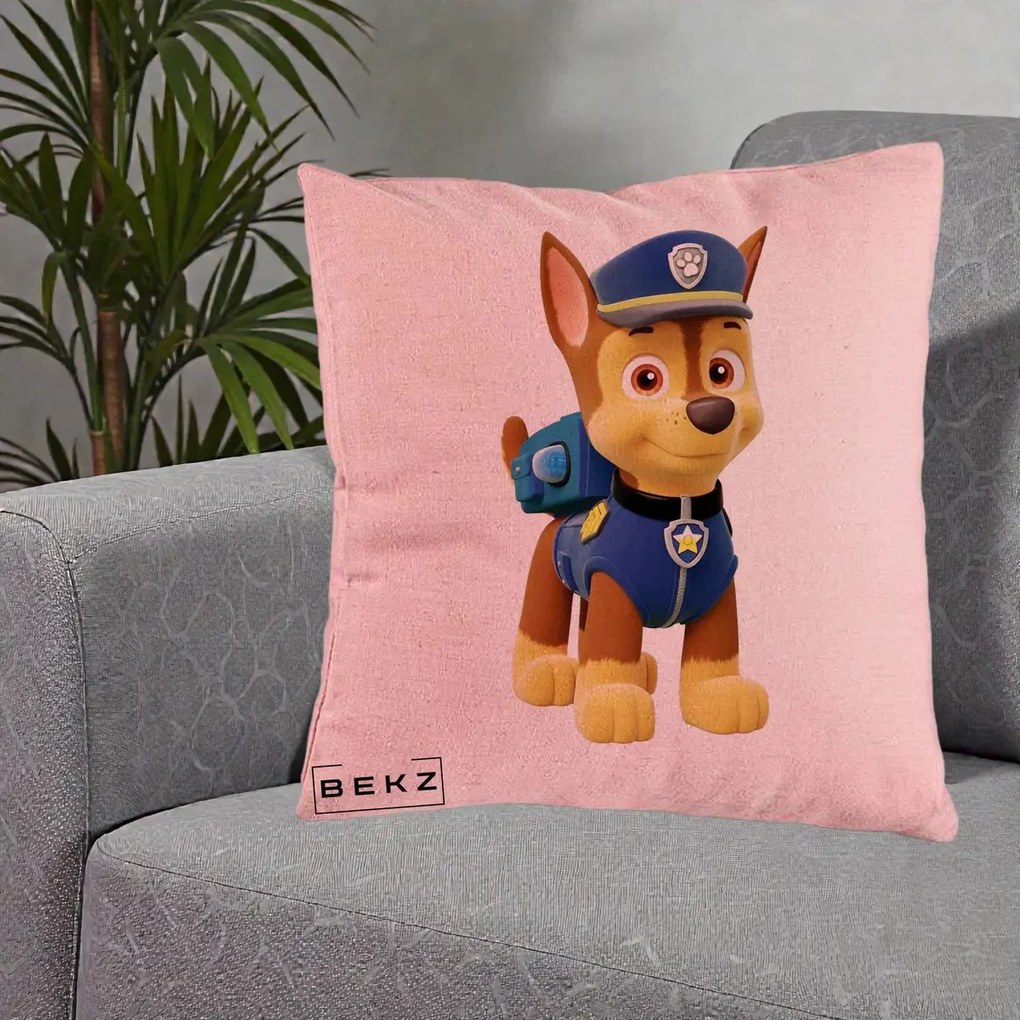 Perna Personalizata Chase PAW Patrol Albastru, 40x40 cm, Roz, Husa Detasabila, Perna Inclusa, BEKZ®