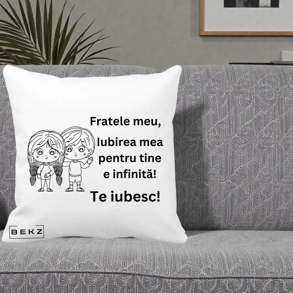 Cadou pentru Frate - Perna Personalizata Fratele Meu Te Iubesc Copii Anime Line Art Negru, 40x40 cm, Alba Mata, Husa Detasabila, Perna Inclusa, BEKZ®