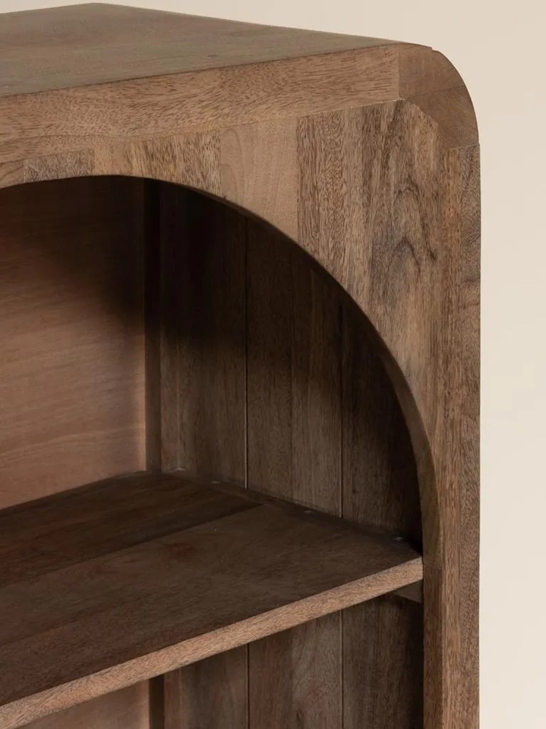 Consolă din lemn de mango, cu 2 niveluri, arcade decorative și colțuri rotunjite, natur, finisaj mat, 150×30×90 cm, „Alhambra"