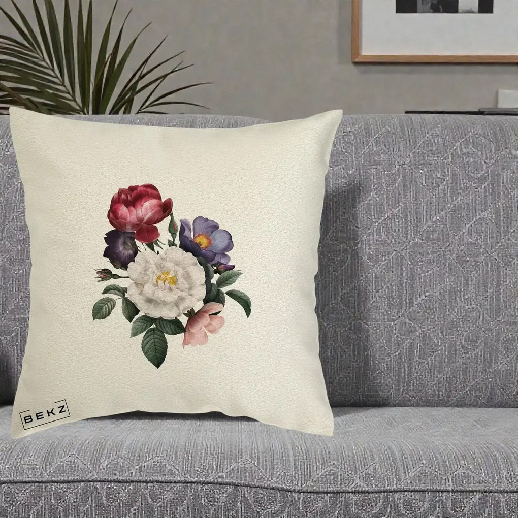 Perna Decorativa Buchet Trandafiri Bujori Botanical, 40x40 cm, Ecru, Husa Detasabila, Perna Inclusa, BEKZ®