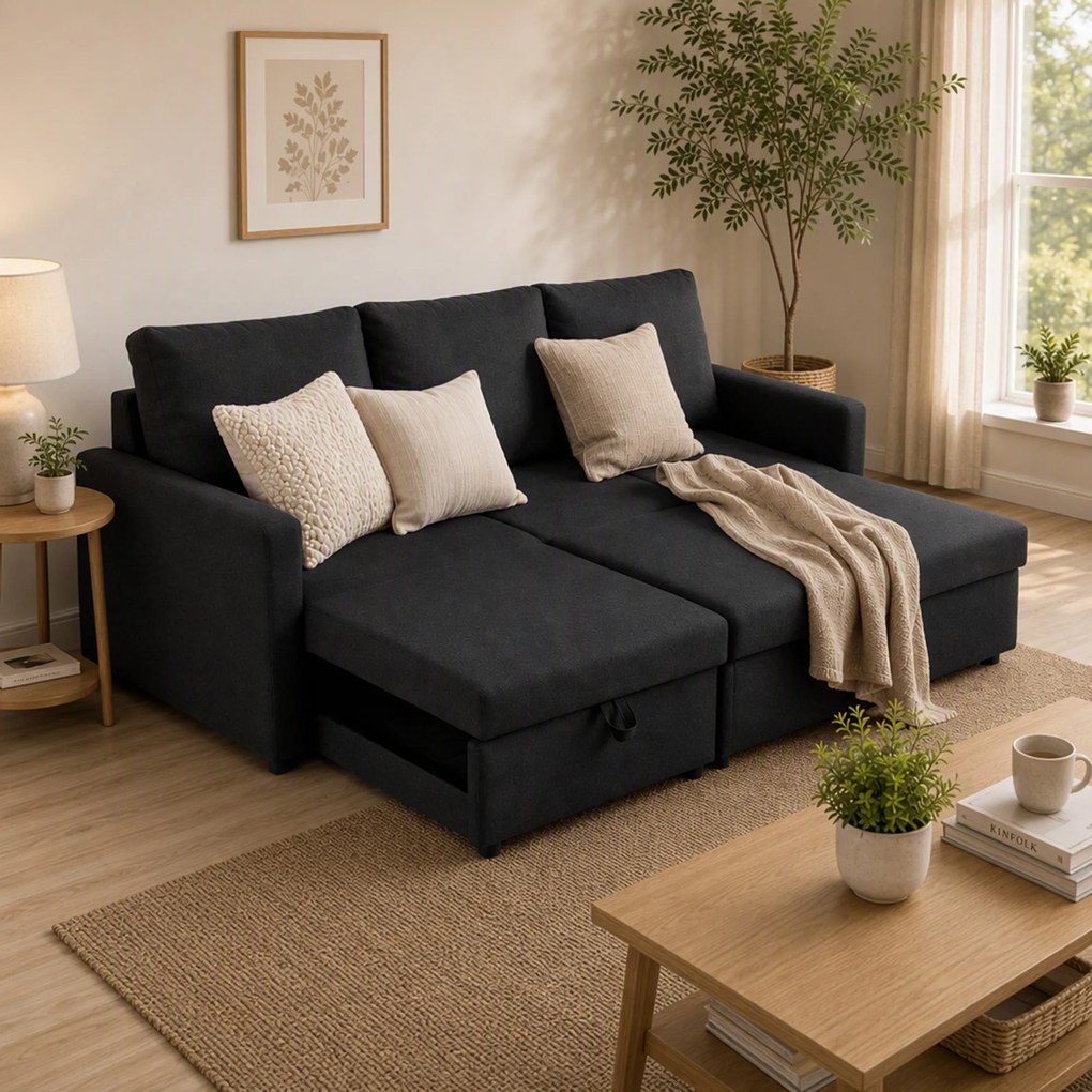 HOMCOM Canapea Extensibilă cu 3 Locuri și Șezlong Convertibil, Canapea de Colț Pliabilă cu Compartiment de Depozitare și 3 Perne Detașabile, Material Textil cu Efect de In, Living, 192x148x86cm, Gri Închis | Aosom Romania