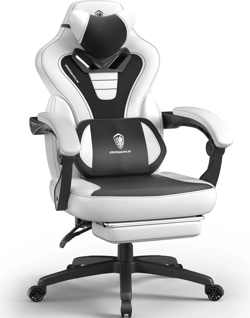 RESIGILAT- DOWINX Scaun gaming, ergonomic, suport lombar cu masaj, Șezut cu Arcuri Metalice și Spumă, Spătar înalt, rabatabil 90°-145°, Buzunar depozitare, Suport picioare, rezistent 150 kg, material PU respirabil, Alb/Negru