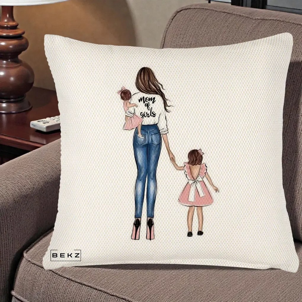 Cadou pentru Mama - Perna Personalizata Mom of Girls Mama cu Fetele, 40x40 cm, Crem Reliefat, Husa Detasabila, Perna Inclusa, BEKZ®