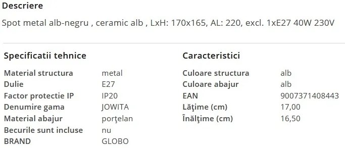 Aplica de perete stil industrial JOWITA alb-negru