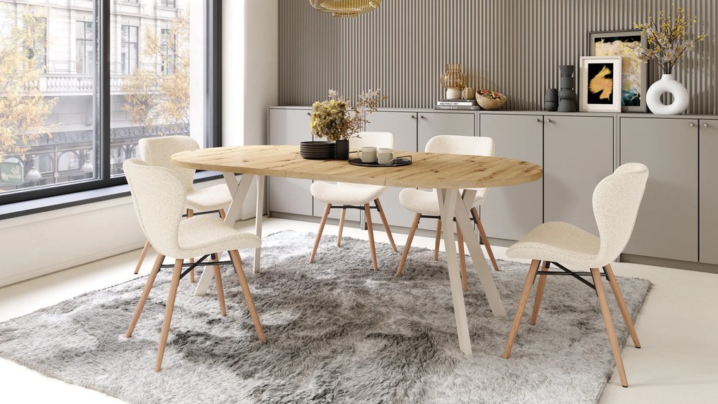 Mazzoni ALDO Stejar Artisan/picioare bej - MASĂ ROTUNDĂ STIL LOFT PENTRU SALON/SUFRAGERIE EXTENSIBILĂ CU PICIOARE ÎN FORMĂ DE "Y"