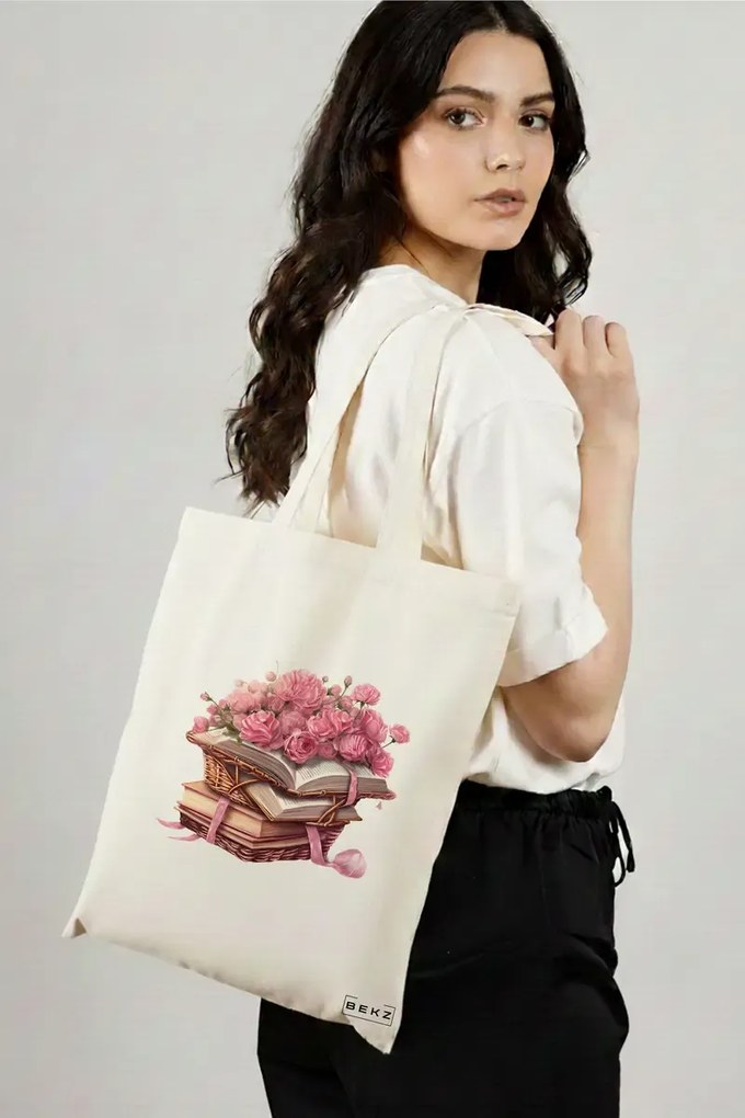 Sacosa de Panza pentru Cumparaturi, Geanta Tote, model Books and flowers 4 38 x 34.5 cm, Alba, BEKZ®