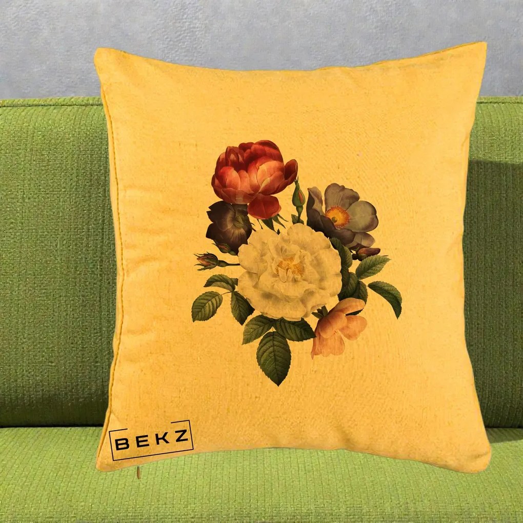 Perna Decorativa Buchet Trandafiri Bujori Botanical, 40x40 cm, Galben, Husa Detasabila, Perna Inclusa, BEKZ®