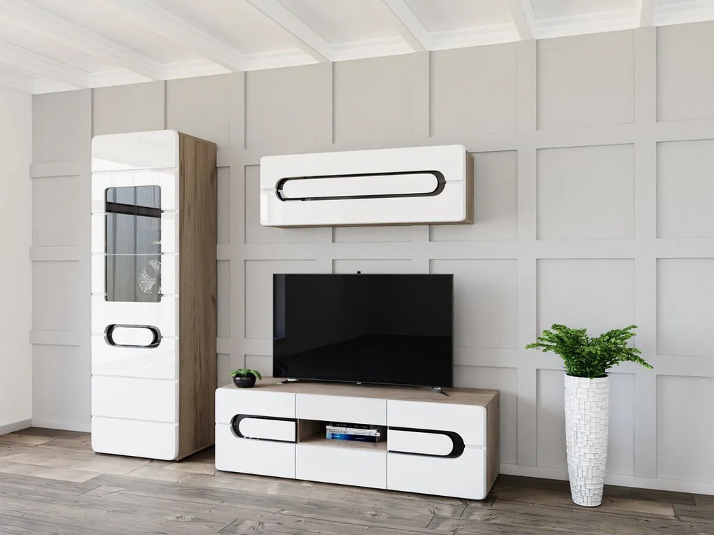 Mobilă pentru sufragerie Boston U115 Alb lucios, Stejar san remo, Cu comodă tv, Cu componente suplimentare, Piese individuale, MDF, PAL laminat, Sticlă călită, 195x47cm