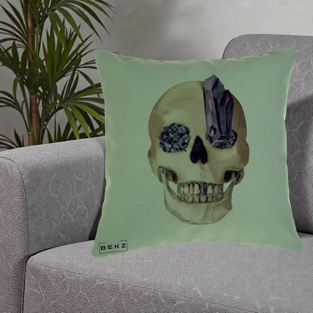 Perna Decorativa Craniu cu Cristale de Ametist, 40x40 cm, Verde, Husa Detasabila, Perna Inclusa, BEKZ®