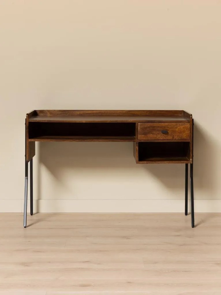 Birou vintage din lemn de mango și metal, cu blat maro antichizat, 1 sertar și picioare din metal negru, finisaj satinat, 117.5×50×80.5 cm, „Flow"