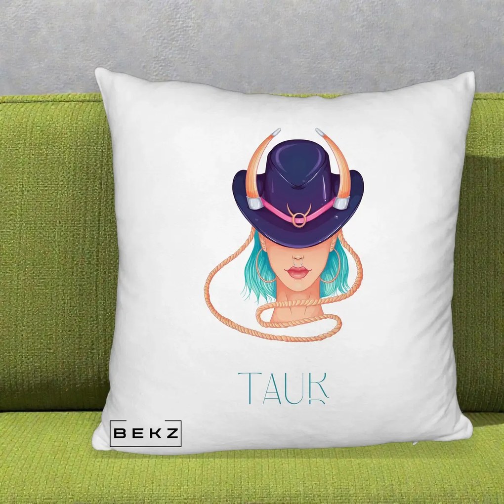 Perna Personalizata Zodie Taur, 40x40 cm, Alb Pufos, Husa Detasabila, Perna Inclusa, BEKZ®
