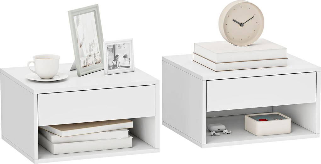 HOMCOM Set de 2 noptiere suspendate, noptiere, sertar, compartiment deschis, blat, 37 x 32 x 21 cm, alb | Aosom Romania