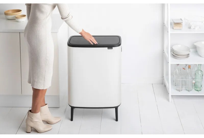 Cos de gunoi Brabantia Bo Touch Hi 1001259, 60 L, Deschideri laterale pentru transport, Picioare reglabile, Alb