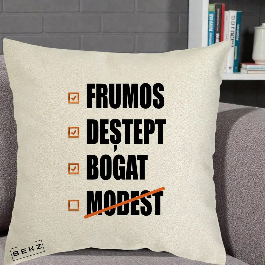 Perna Decorativa Frumos Destept Bogat, 40x40 cm, Ecru, Husa Detasabila, Perna Inclusa, BEKZ®