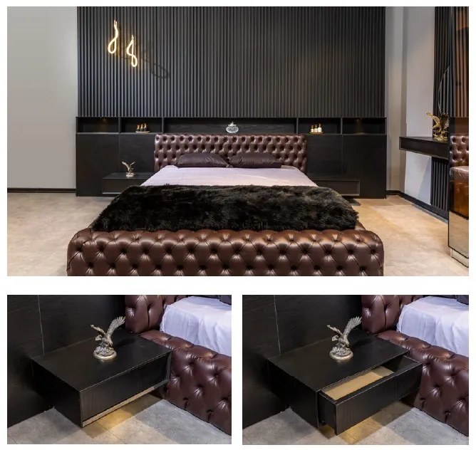 Set complet pat cu tablie tip perete decorativ, noptiere si iluminat integrat - andiamo (160x200)