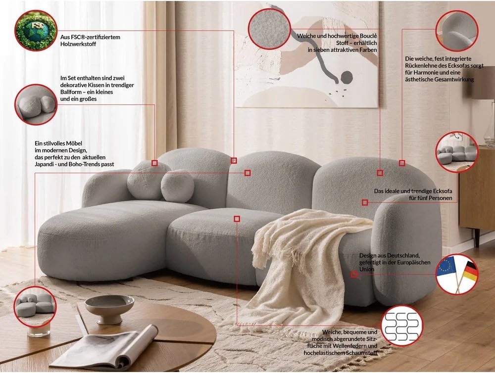 Colțar gri cu tapițerie din țesătură bouclé (cu colț pe partea stângă/cu șezlong) Orbit – Ropez