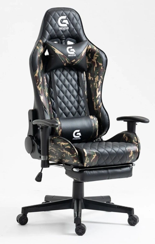 Scaun gaming, masaj in perna lombara, sezut benzi elastice sustinere, cotiere 3D, suport picioare, funcție sezlong, 90-180 grade, Negru/Army