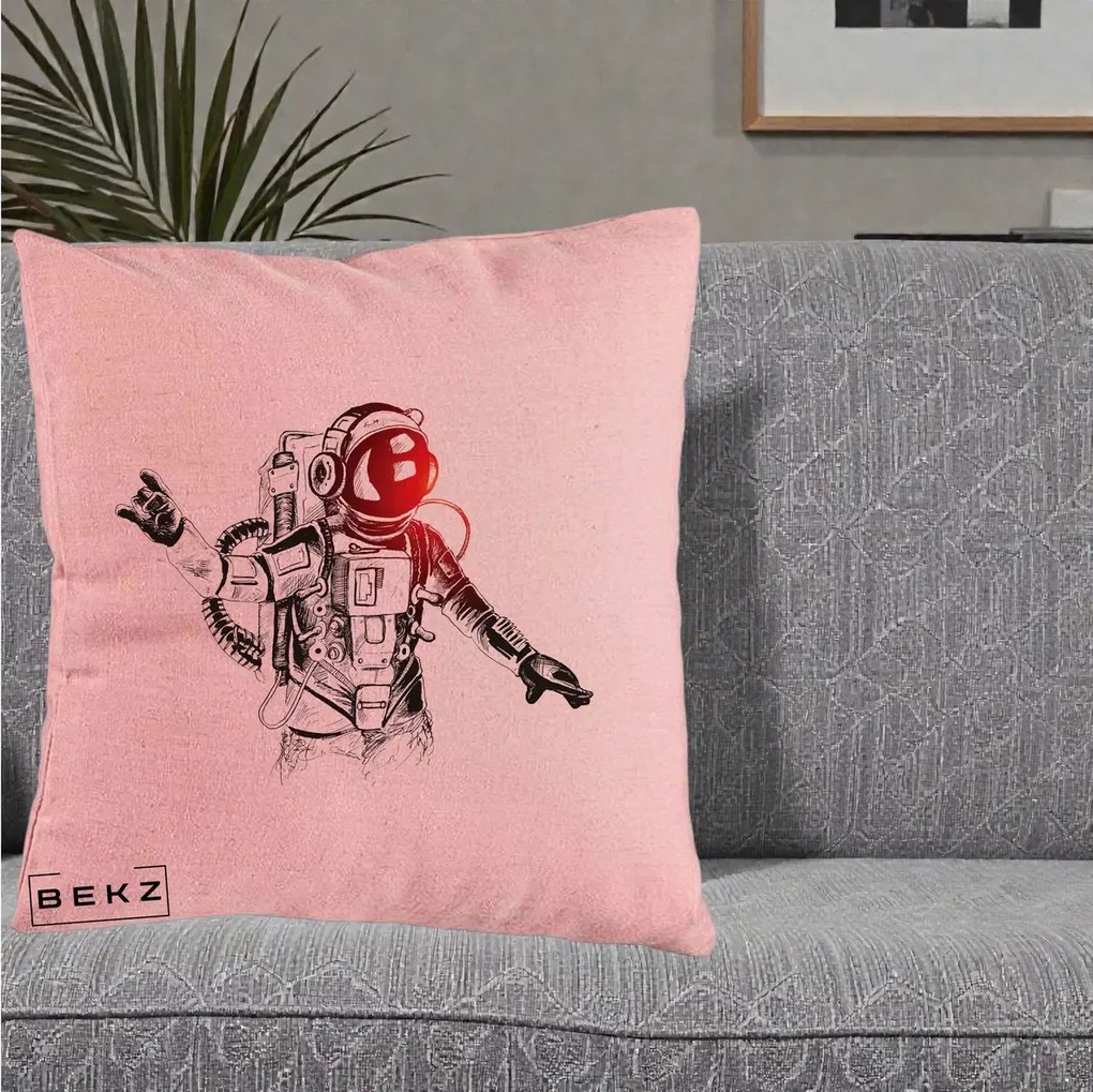Perna Decorativa Astronaut Rock Sketching, 40x40 cm, Roz, Husa Detasabila, Perna Inclusa, BEKZ®